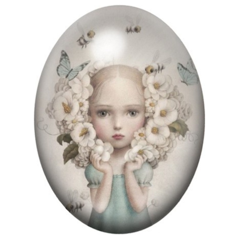 Cabochon en Verre Illustré Fillette aux Fleurs et Papillons 13x18, 18x25 ou 30x40mm