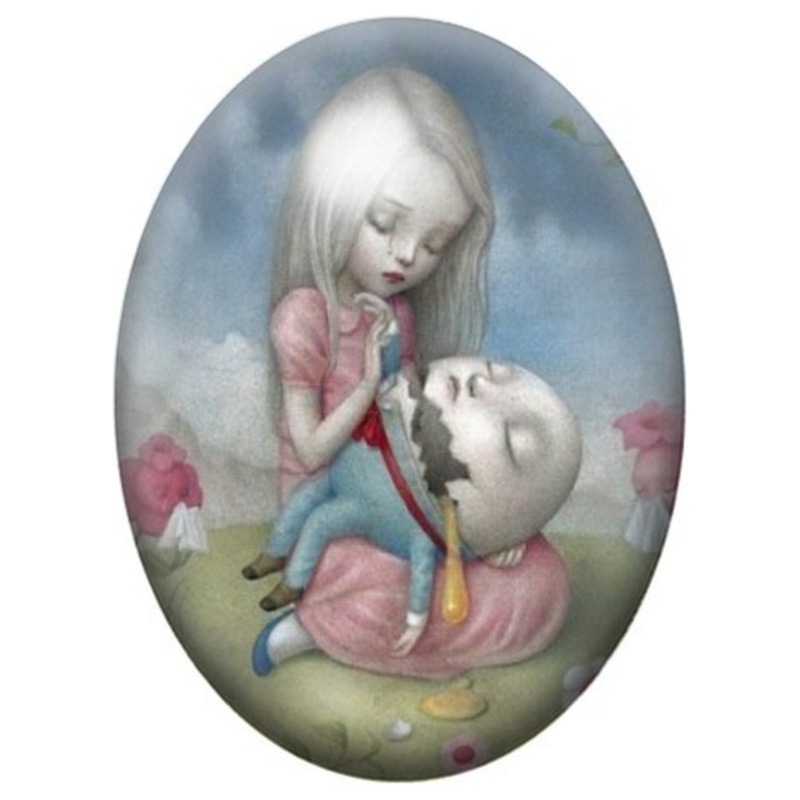 Cabochon en Verre Illustré Alice et Humpty Dumpty 13x18, 18x25 ou 30x40mm