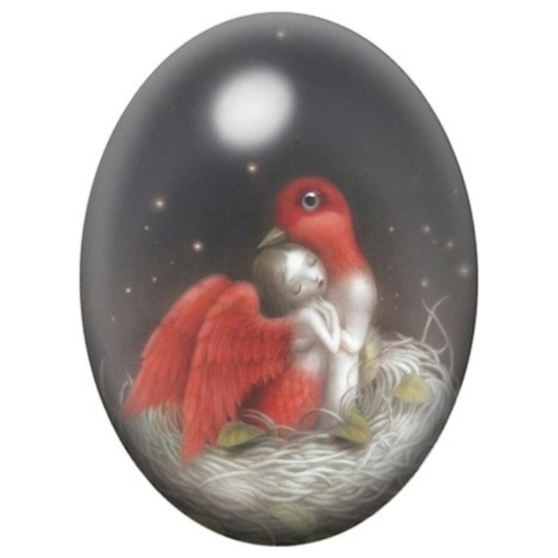 Cabochon en Verre Illustré Oiseau Rouge sur un Nid d’Œuf 13x18, 18x25 ou 30x40mm