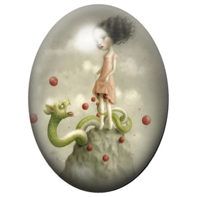 Cabochon en Verre Illustré Fille et Créature Verte aux Pommes 13x18, 18x25 ou 30x40mm