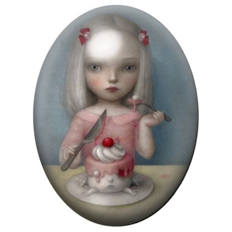 Cabochon en Verre Illustré Fillette au Petit Gâteau Rose 13x18, 18x25 ou 30x40mm