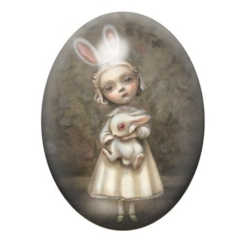 Cabochon en Verre Illustré Fille Lapin Étrange 13x18, 18x25 ou 30x40mm
