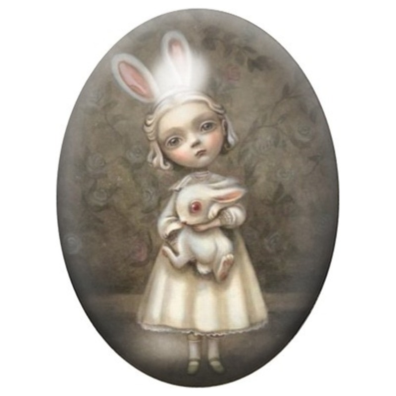 Cabochon en Verre Illustré Fillette au Bonnet Lapin 13x18, 18x25 ou 30x40mm