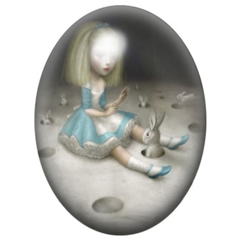 Cabochon en Verre Illustré Alice et le Lapin Mécanique 13x18, 18x25 ou 30x40mm