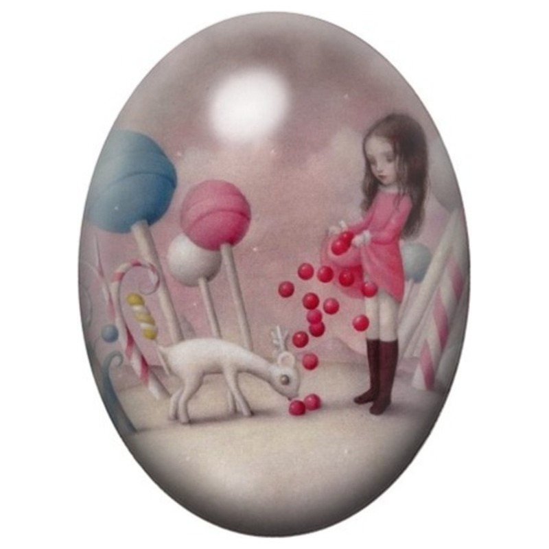 Cabochon en Verre Illustré Fillette au Jardin de Friandises 13x18, 18x25 ou 30x40mm