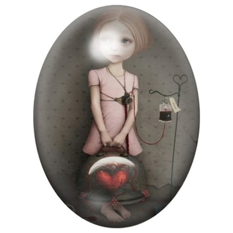 Cabochon en Verre Illustré Fillette au Cœur Relié 13x18, 18x25 ou 30x40mm