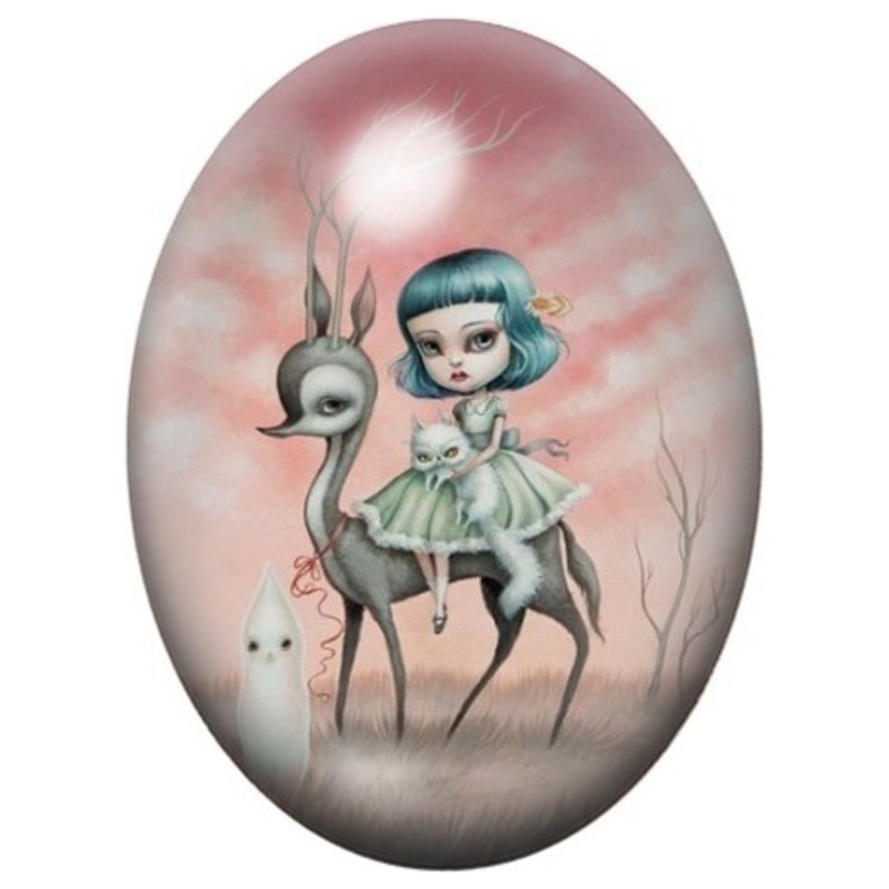 Cabochon en Verre Illustré Fillette au Lapin Échassier 13x18, 18x25 ou 30x40mm