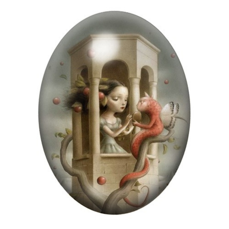 Cabochon en Verre Illustré Fillette à la Fenêtre et Serpent Rouge 13x18, 18x25 ou 30x40mm