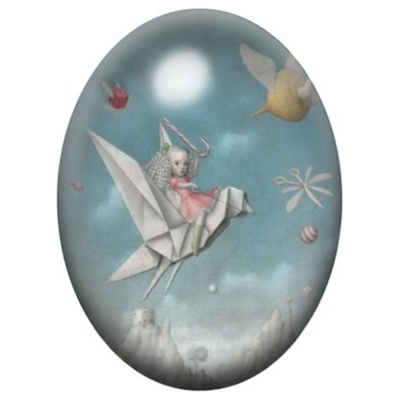 Cabochon en Verre Illustré Fillette sur une Grue en Papier 13x18, 18x25 ou 30x40mm