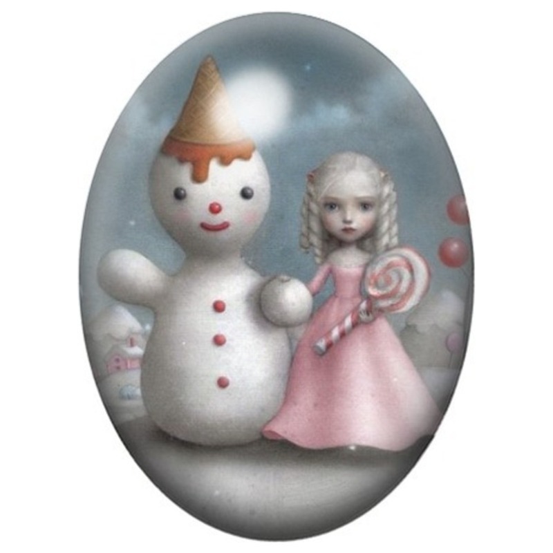 Cabochon en Verre Illustré Fillette Rose et Bonhomme de Neige 13x18, 18x25 ou 30x40mm