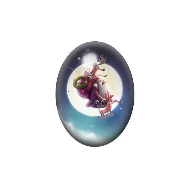 Cabochon en Verre Illustré Père Noël en Traîneau devant la Lune 13x18, 18x25 ou 30x40mm