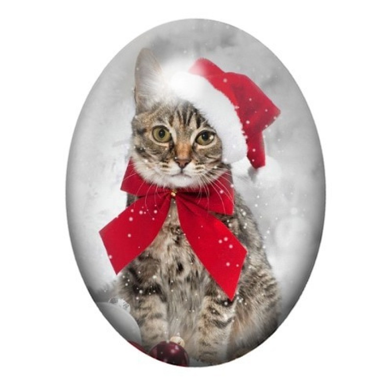 Cabochon en Verre Illustré Chat de Noël au Grand Nœud Rouge 13x18, 18x25 ou 30x40mm