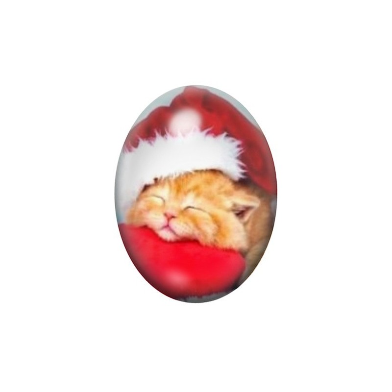 Cabochon en Verre Illustré Chaton Endormi au Bonnet de Noël 13x18, 18x25 ou 30x40mm