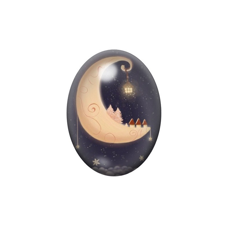 Cabochon en Verre Illustré Chat dans un Croissant de Lune 13x18, 18x25 ou 30x40mm