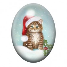 Cabochon en Verre Illustré Chaton au Bonnet de Noël dans la Neige 13x18, 18x25 ou 30x40mm pour la création de bijoux fantaisie -
