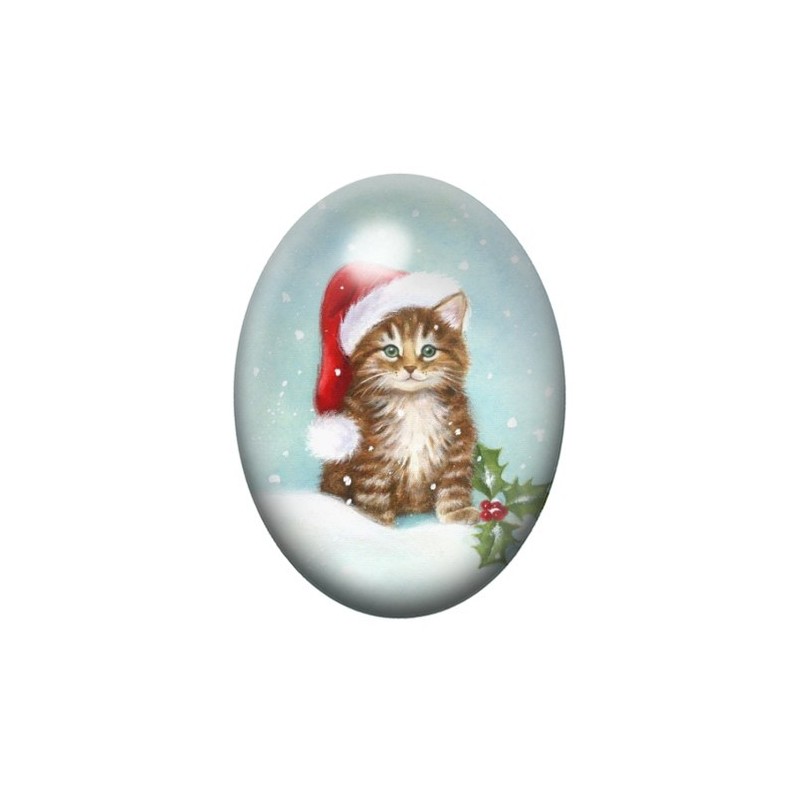 Cabochon en Verre Illustré Chaton Bonnet de Noël 13x18, 18x25 ou 30x40mm