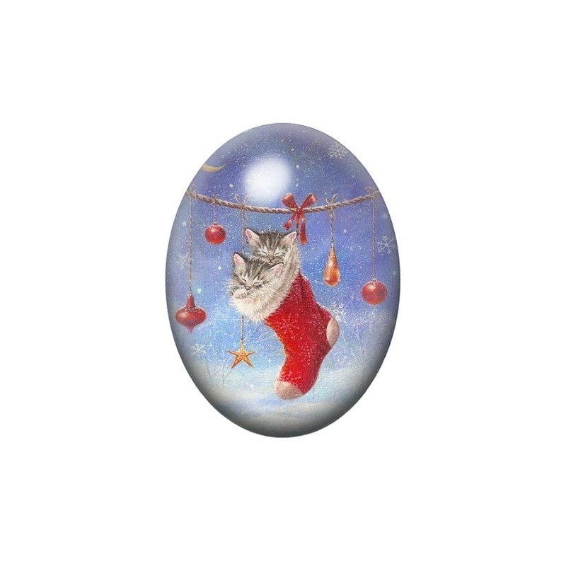 Cabochon en Verre Illustré Chaton dans une Chaussette Rouge 13x18, 18x25 ou 30x40mm