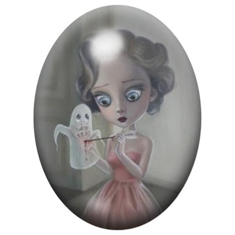 Cabochon en Verre Illustré Jeune Fille au Petit Fantôme 13x18, 18x25 ou 30x40mm