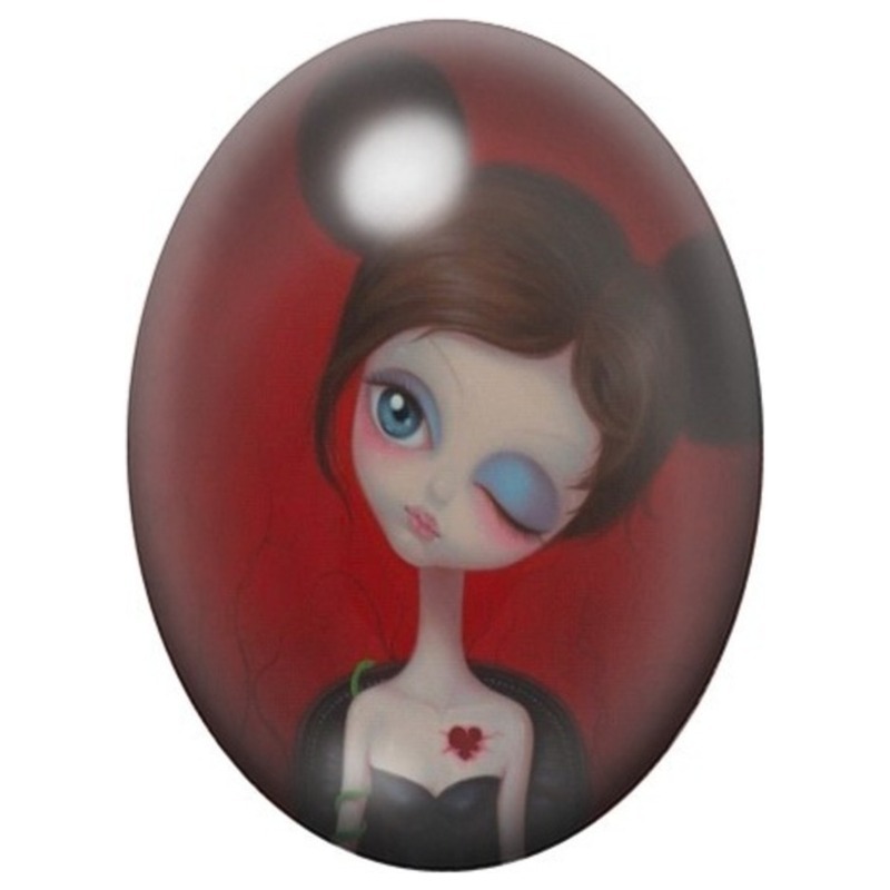 Cabochon en Verre Illustré Poupée au Cache-Œil Bleu 13x18, 18x25 ou 30x40mm