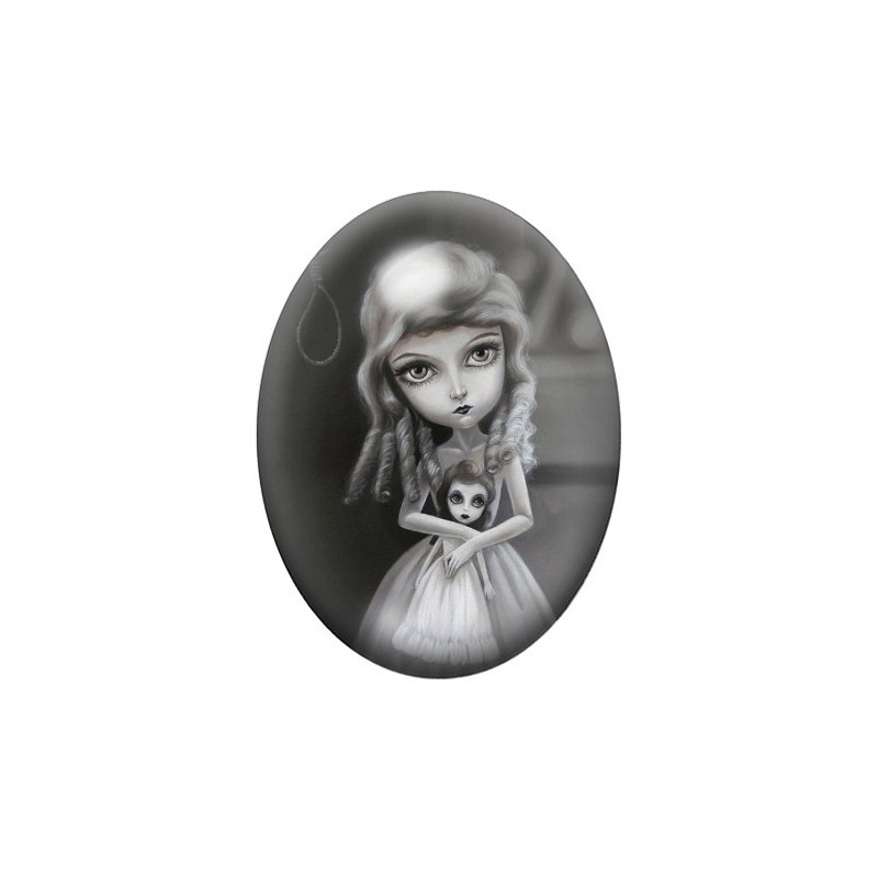 Cabochon en Verre Illustré Fille Poupée Étrange 13x18, 18x25 ou 30x40mm