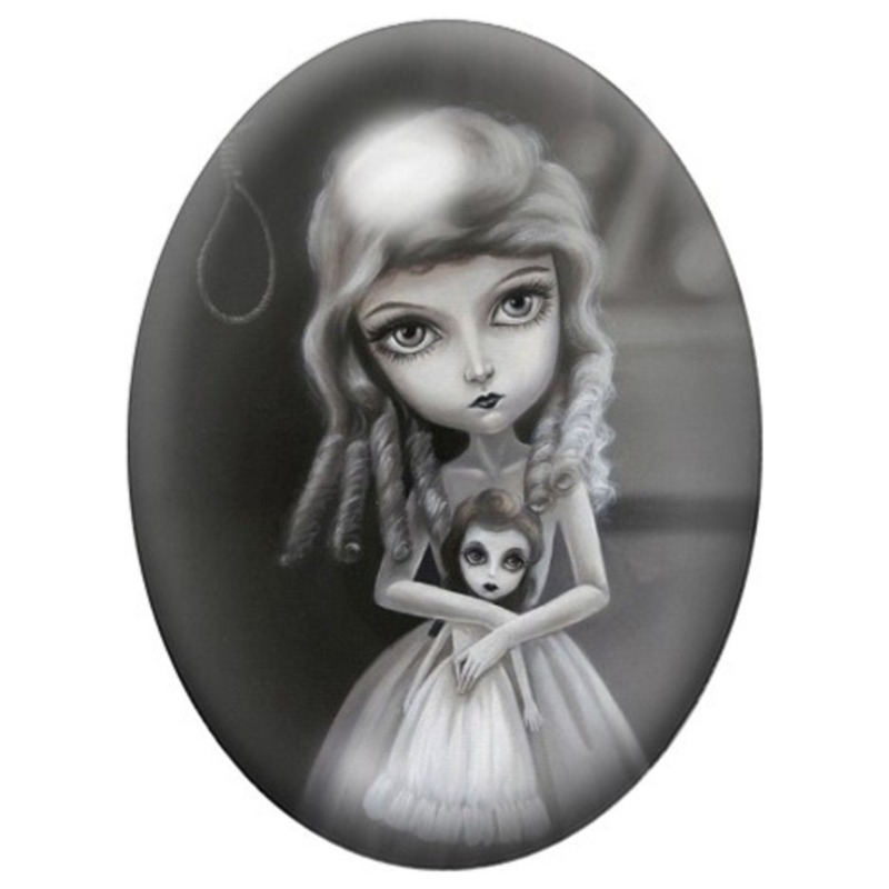 Cabochon en Verre Illustré Jeune Fille aux Tresses et à la Poupée 13x18, 18x25 ou 30x40mm