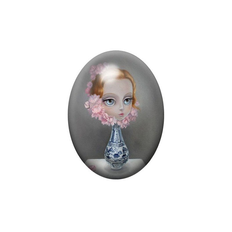 Cabochon en Verre Illustré Fille Vase Fleurs Étrange 13x18, 18x25 ou 30x40mm