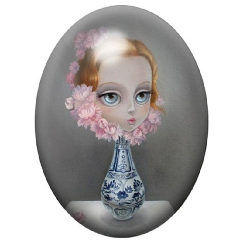 Cabochon en Verre Illustré Visage Fleuri dans un Vase Bleu 13x18, 18x25 ou 30x40mm