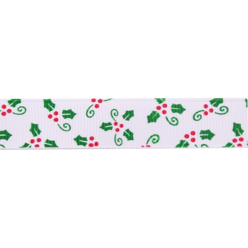 1 Mètre de Ruban Gros Grain Houx Noël 22mm