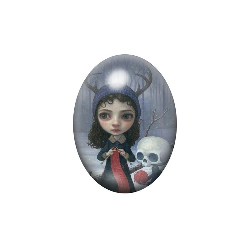 Cabochon en Verre Illustré Fille Hiver Squelette  Étrange 13x18, 18x25 ou 30x40mm