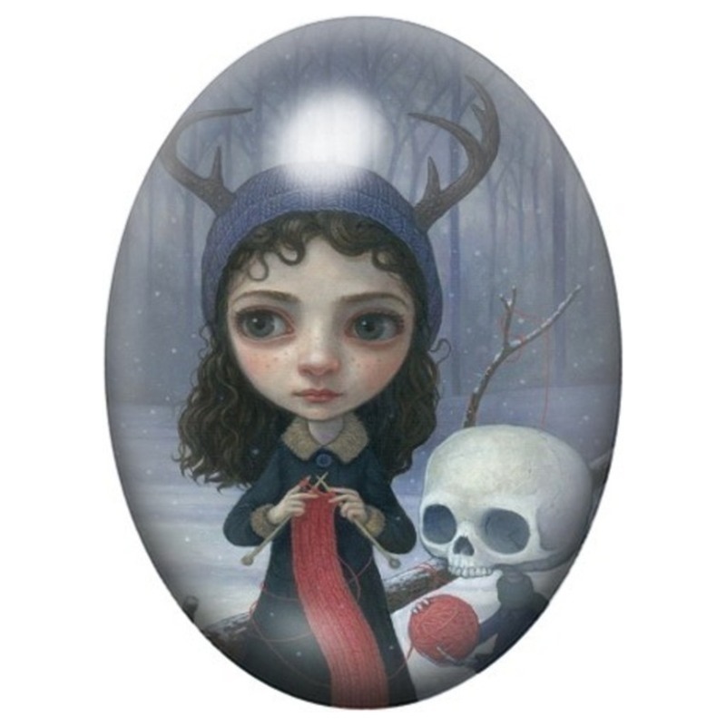 Cabochon en Verre Illustré Jeune Sorcière aux Bois de Cerf 13x18, 18x25 ou 30x40mm