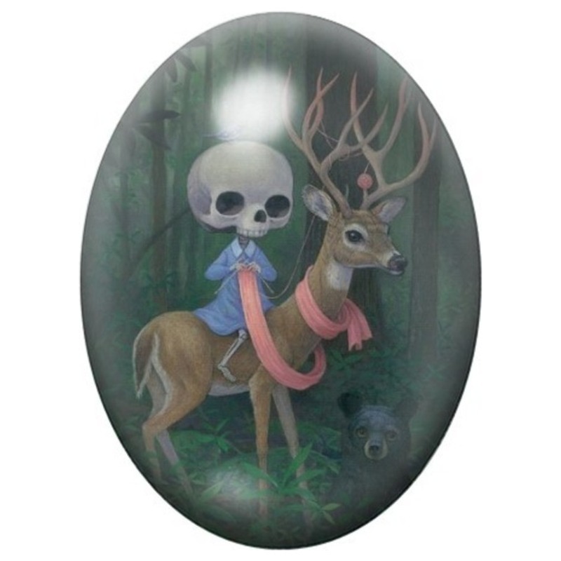 Cabochon en Verre Illustré Petit Squelette au Cerf 13x18, 18x25 ou 30x40mm