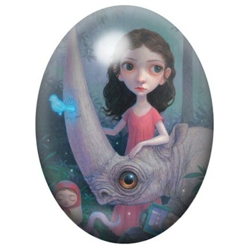 Cabochon en Verre Illustré Jeune Fille au Poisson Géant 13x18, 18x25 ou 30x40mm