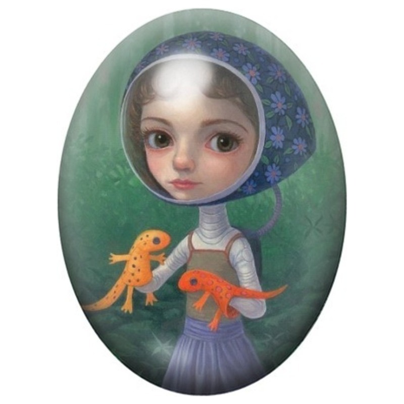 Cabochon en Verre Illustré Jeune Fille aux Salamandres Orange 13x18, 18x25 ou 30x40mm