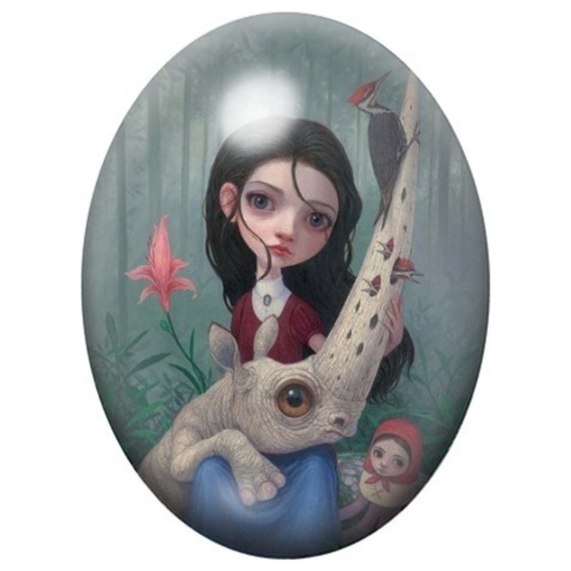 Cabochon en Verre Illustré Jeune Fille au Lapin des Bois 13x18, 18x25 ou 30x40mm