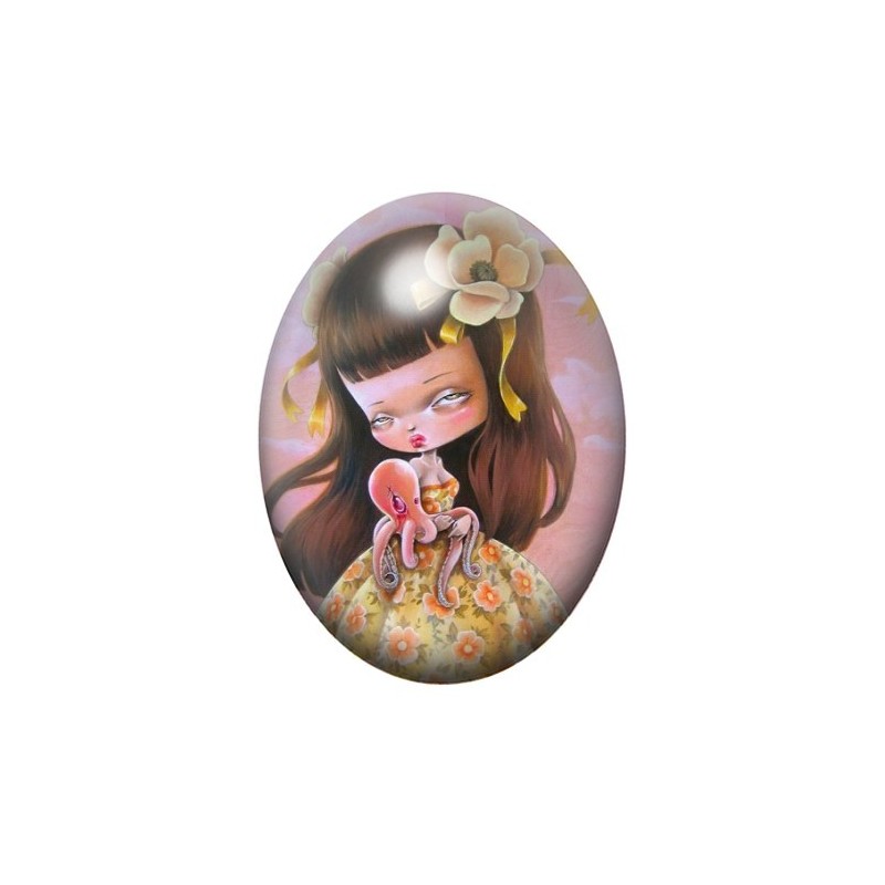 Cabochon en Verre Illustré Fille Pieuvre Doudou Étrange 13x18, 18x25 ou 30x40mm