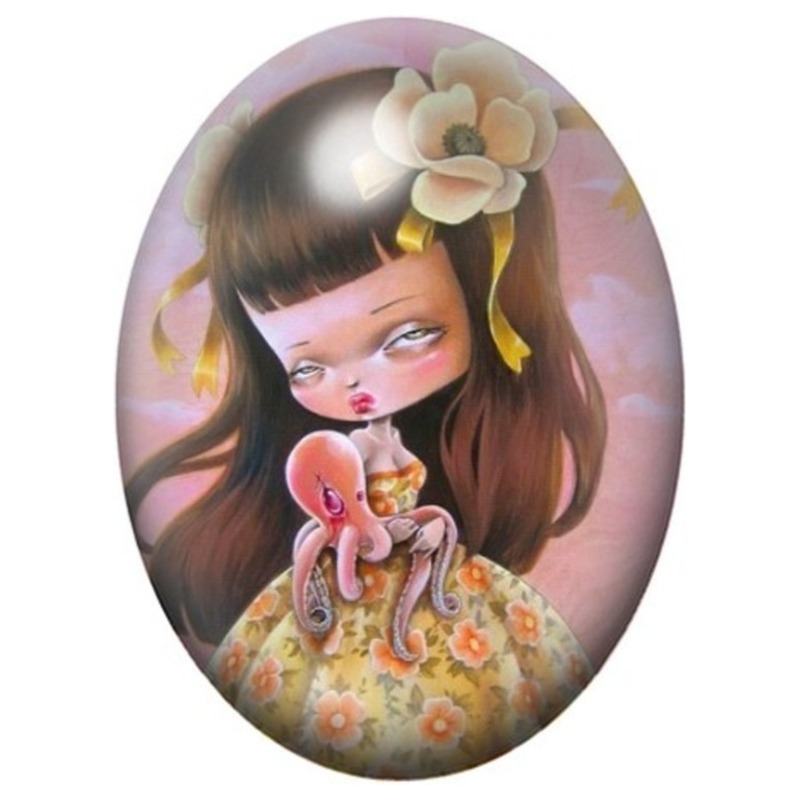 Cabochon en Verre Illustré Jeune Fille à la Pieuvre Rose 13x18, 18x25 ou 30x40mm