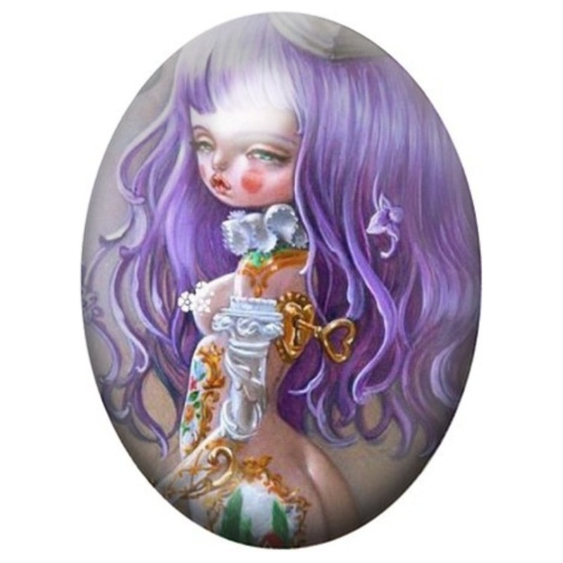 Cabochon en Verre Illustré Femme Violette à l’Oiseau Blanc 13x18, 18x25 ou 30x40mm