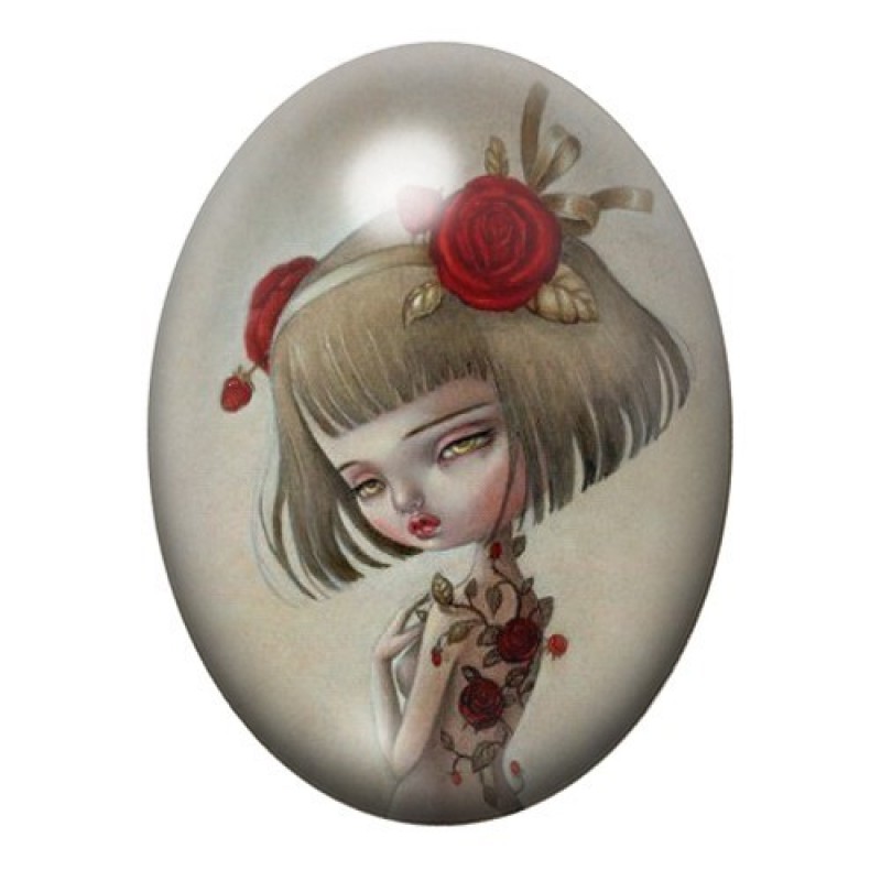 Cabochon en Verre Illustré Fille Étrange Fleurs Roses Rouges 13x18, 18x25 ou 30x40mm