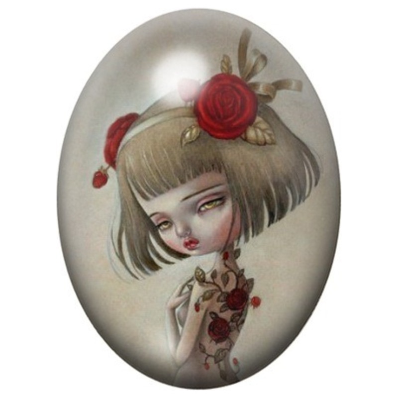Cabochon en Verre Illustré Jeune Femme à la Rose Rouge 13x18, 18x25 ou 30x40mm