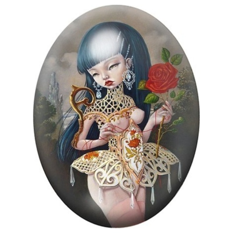 Cabochon en Verre Illustré Femme Gothique aux Roses Dorées 13x18, 18x25 ou 30x40mm