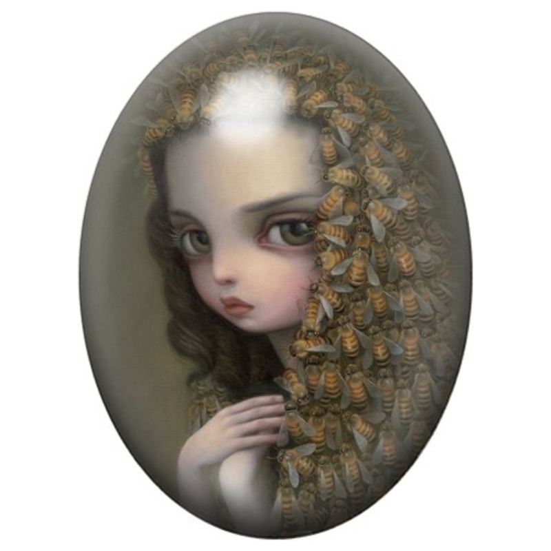 Cabochon en Verre Illustré Jeune Femme au Voile de Feuilles 13x18, 18x25 ou 30x40mm