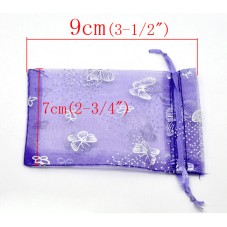 5 Sachets en Organza Violet Papillon Argenté avec Lien Coulissant 9x7cm
