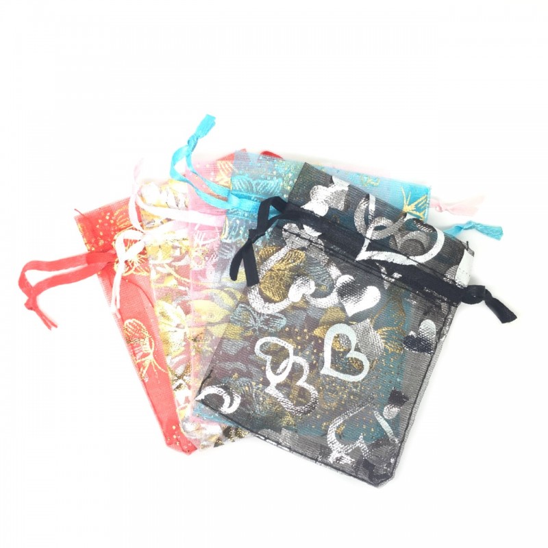 10 Sachets en Organza Papillons Coeur avec Lien Coulissant  9x7cm