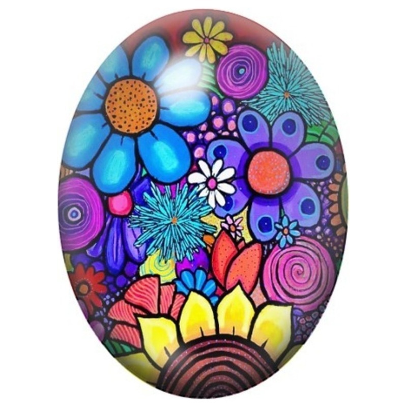Cabochon en Verre Illustré Bouquet Naïf aux Spirales 13x18, 18x25 ou 30x40mm