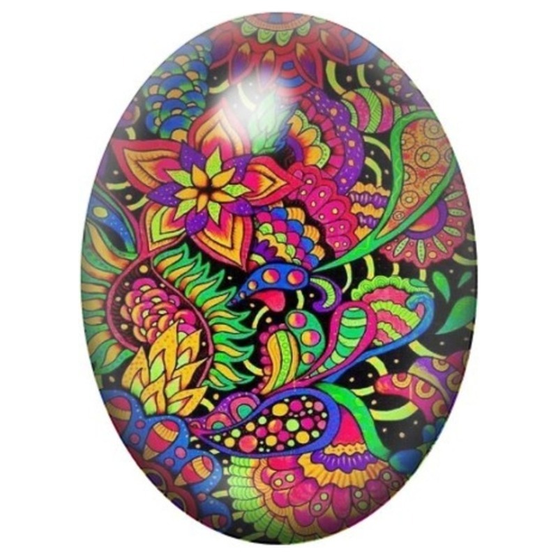 Cabochon en Verre Illustré Jardin Psychédélique Rose et Vert 13x18, 18x25 ou 30x40mm