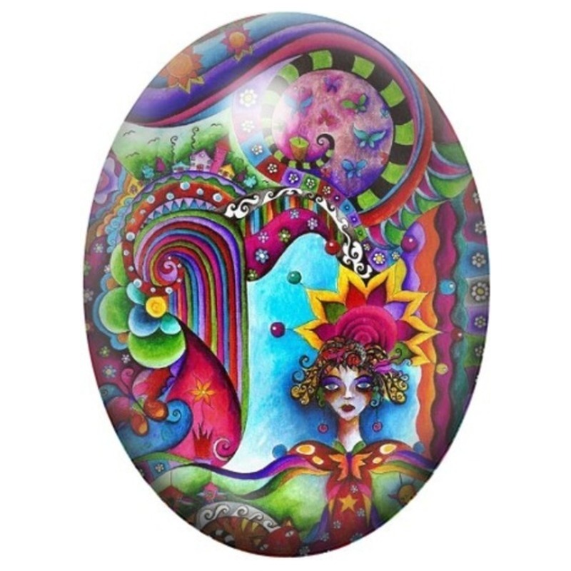 Cabochon en Verre Illustré Princesse aux Éclats Psychédéliques 13x18, 18x25 ou 30x40mm