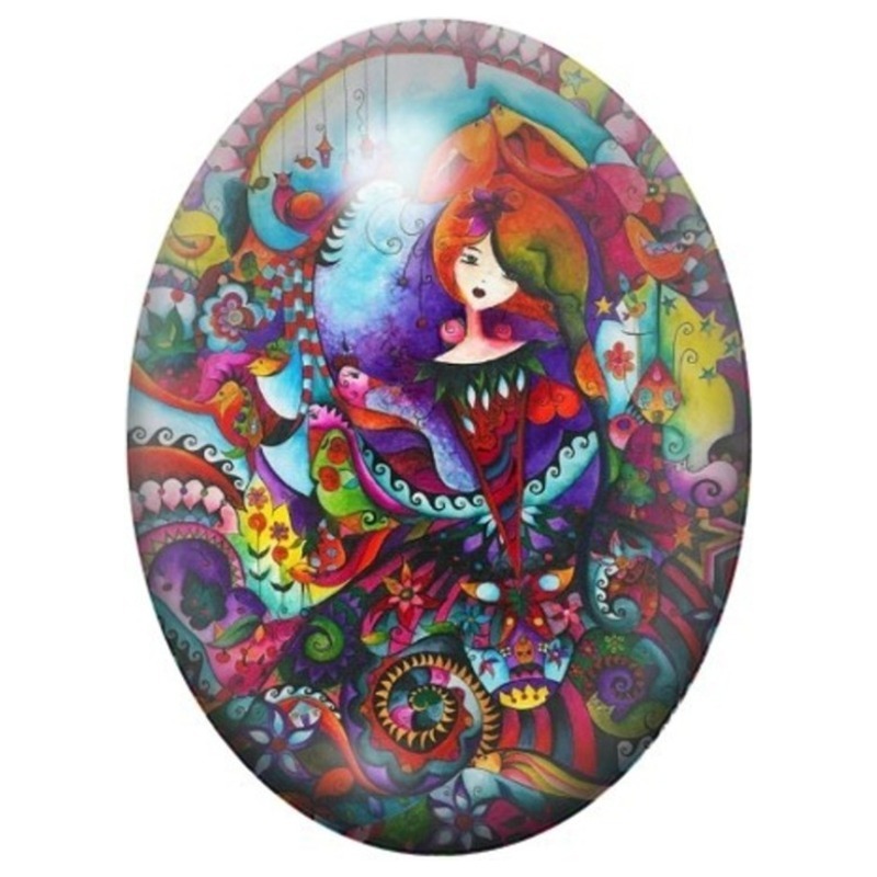 Cabochon en Verre Illustré Femme aux Oiseaux Multicolores 13x18, 18x25 ou 30x40mm