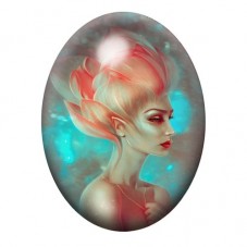 Cabochon en Verre Illustré Elfe aux Cheveux de Corail 13x18, 18x25 ou 30x40mm pour la création de bijoux fantaisie - DIY