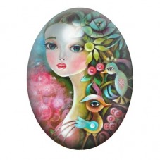 Cabochon en Verre Illustré Femme aux Oiseaux et Fleurs Turquoise 13x18, 18x25 ou 30x40mm pour la création de bijoux fantaisie - 