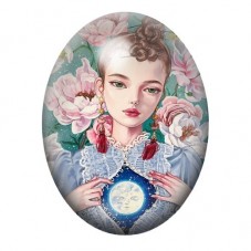 Cabochon en Verre Illustré Femme à la Lune et aux Pivoines 13x18, 18x25 ou 30x40mm pour la création de bijoux fantaisie - DIY